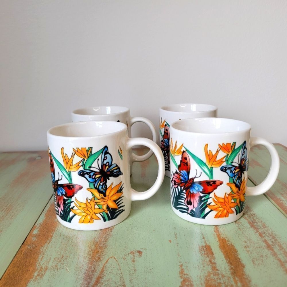 Vintage Butterfly & Flora Panstone Tropical Ceramic Set of 4 Coffee Mugs